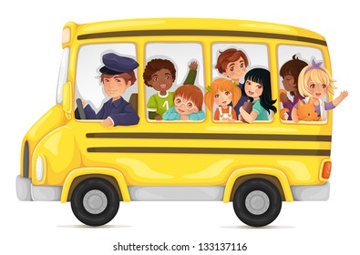 Yellow school bus full of cute and happy kids.