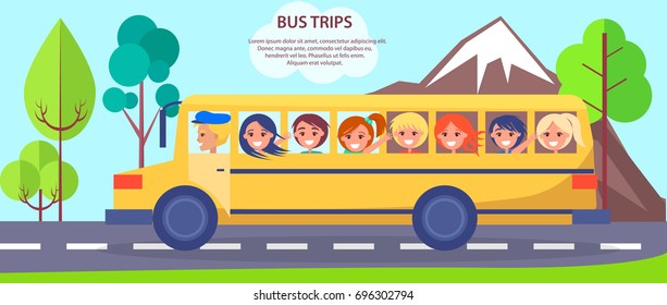 Yellow school bus full of small students moving on rod near high mountains and green trees vector colorful illustration in graphic design.