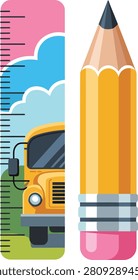 Yellow school bus and giant pencil ruler with clouds education