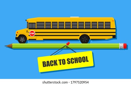 Yellow school bus goes on the pencil vector illustration isolated on white background. Back to school concept.
