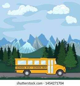 Yellow School Bus is Going Countryside Road with Beautiful Nature View. Back to School Vector Flat Illustration.