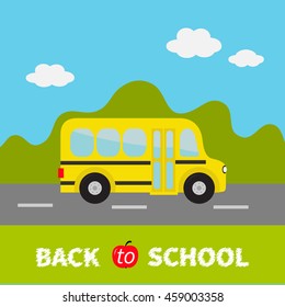 Yellow School Bus. Green Grass And Road. Cartoon Clipart. Transportation. Baby Collection. Back To School. Greeting Card. Flat Design. Cute Nature Background With Sky Clouds. Vector Illustration