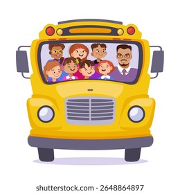 Yellow school bus. Happy smiling kids riding on a school bus with a driver. Schoolchildren in a bus, front view. Colorful flat style cartoon vector illustration isolated on a white background.