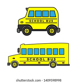 Yellow school bus icon isolated on white background. Side view. Back to school vector Illustration. Can be used for topics education, pupils, bus, transportation.