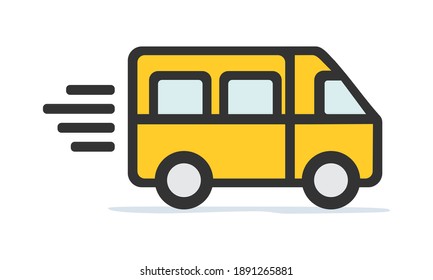 Yellow school bus icon, minivan icon in motion. Vector illustration of a mini bus, kombi or taxi. Urban passenger vehicle icon.