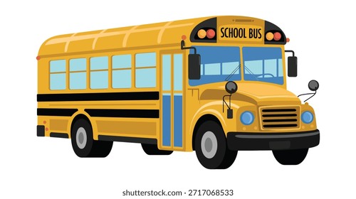 Ilustración amarilla del autobús escolar que representa el transporte estudiantil, la educación, el viaje y el vehículo seguro de la escuela pública en estilo plano moderno aislado