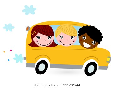 Yellow school bus with kids isolated on white