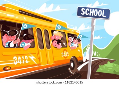 Yellow school bus leaving school. Concept happy children in transport, vehicle. Vector illustration.