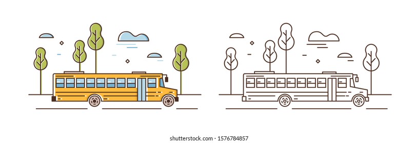 Yellow school bus linear vector illustration. Student transportation on street. Academic vehicle isolated on white background. Primary education. Public transport outline design element.