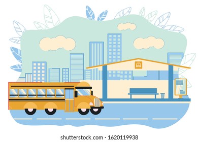 Yellow School Bus near Stop. Transport Sign on Automobile Station Construction, Bench, Trash Bin, Bulletin Board on Background. Empty Location. Students Transportation. Modern Vector Illustration