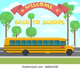 Yellow school bus on the background of sky, trees and the road. Welcome back to school. Vector flat illustration.