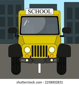 Yellow school bus on the city road against urban landscape. Back to school. Transport for learner children.