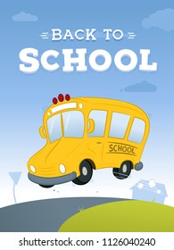 Yellow school bus on the road with back to school text in the sky vector cartoon illustration