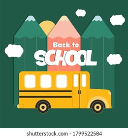 Yellow school bus on the road and back to school text with copy space and colorful pencil. Back to school creative banner templates for invitation poster and promotion banner. Flat style vector.