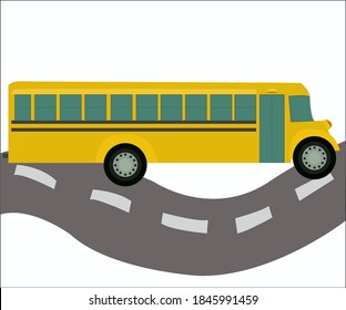 Yellow school bus on the road. Vector illustration.