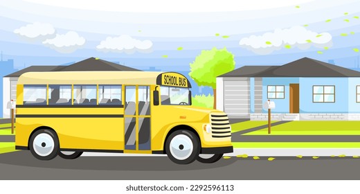 Yellow school bus on road in suburb district of American city. Cartoon style poster with bus for pupils. Back to school after summer holidays. Green lawn, blue sky on background. Vector illustration
