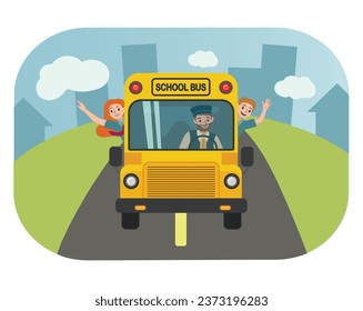 Yellow school bus on road, front view