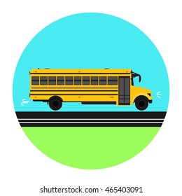 Yellow School bus on the road. Vector illustration.