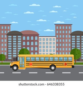 Yellow school bus on road in urban landscape. Service auto vehicle, city public transport, urban social assistance. City street road traffic vector illustration, cityscape background