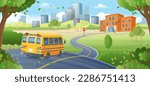 Yellow school bus on the way to school.  Back to school. Road to school. Cartoon vector illustration. LONG BANNER