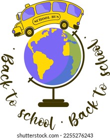 Yellow school bus on its way and big globe drawing in flat style on transparent background
