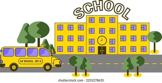 Yellow school bus on its way to school building, drawing in flat style on transparent background