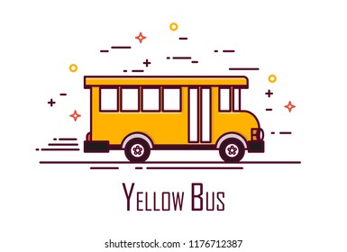 Yellow school bus on white background. Thin line flat design. Vector icon.