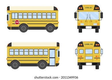 Yellow school bus on a white background. School bus front view, back view and two side views.