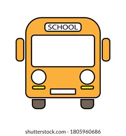 Icono plano sobre el contorno del autobús escolar amarillo en blanco.
