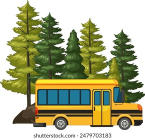 Yellow school bus parked among tall trees