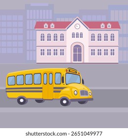 Yellow school bus parked in front of a two-story school building with a clock tower on a muted city background. Cartoon vector illustration, depicting education. Back-to-school themes.