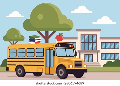 Yellow school bus parked in front of a modern educational building with large trees and fluffy white clouds in the sky.