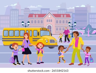 Yellow school bus parked near a school building in a city. Parents and children are walking nearby. Represents back to school, education, and family themes in an urban setting. Vector illustration. 