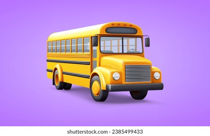 Yellow school bus passenger vehicle pupil transportation service 3d icon realistic vector illustration. Classic transport children driving road city travel traffic academic education elementary truck