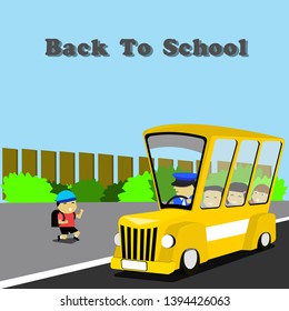 A yellow school bus picks up a student so he can start learning, back to school concept. Vector illustration