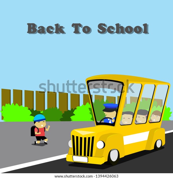 A yellow school\
bus picks up a student so he can start learning, back to school\
concept. Vector illustration