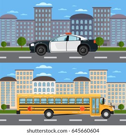 Yellow school bus and police car in urban landscape. Service auto vehicle, public and emergency transport, urban roadside assistance. City street road traffic vector illustration, cityscape background