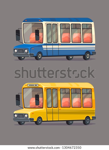 Yellow school bus. Public bus.\
Retro cars set. Vector Illustration. Cartoon style.\
Realistic.