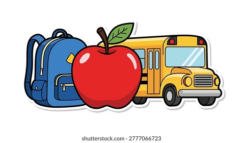 Yellow school bus red apple blue backpack
