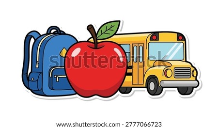 Yellow school bus red apple blue backpack