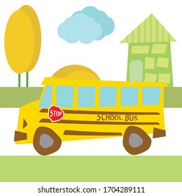 Yellow school bus rides through the city. There is a school bus sign and a stop sign.