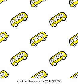 Yellow school bus seamless background in the doodle style. Handmade.