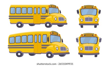 Yellow school bus. Side and front views. A set of cartoon buses. Suitable for school, travel, and childhood themes. Vector design for educational, transportation, and children's content.