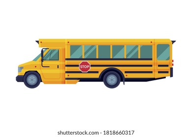 Yellow School Bus, Side View, School Students Transportation Vehicle Flat Style Vector Illustration