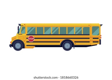 Yellow School Bus, Side View, Back to School Concept, Students Transportation Classic Vehicle Flat Vector Illustration