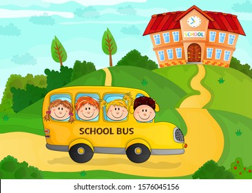 Yellow school bus with smiling happy children going to school