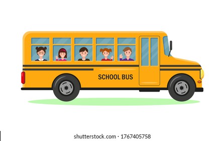 Yellow school bus with smiling pupils. Vector illustration on white background. Children ride to school. Back to school concept.