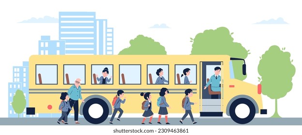 Autobús escolar amarillo, el estudiante va al transporte. Por la mañana, los niños con mochila van a estudiar. Concepto reciente de vector de transporte infantil