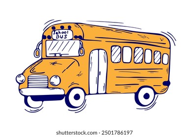 Yellow school bus in style hand drawn on white background. Modern Doodle illustration for trendy posters, banners, social media, websites. Vector Element back to school. Concept for invitations, card.