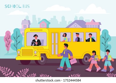 Yellow school bus takes kids schoolchildren to college funny flat composition with trees cityscape background vector illustration 